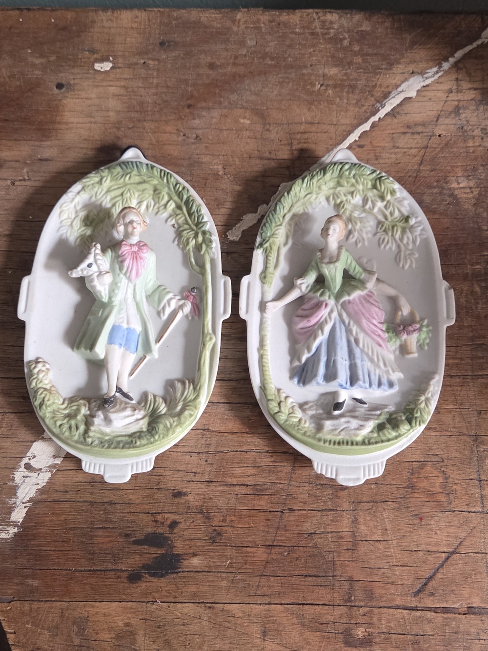 Vintage Porcelain Wall Plaques Pair - Pastel Green & Pink Figures